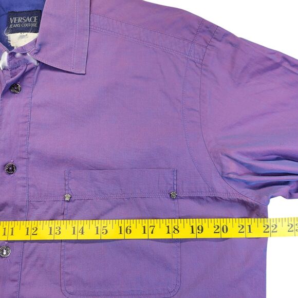 Vtg VERSACE Jeans Couture Iridescent Purple Silk‎ Mens Medusa Metal Studs Medium - Picture 15 of 16